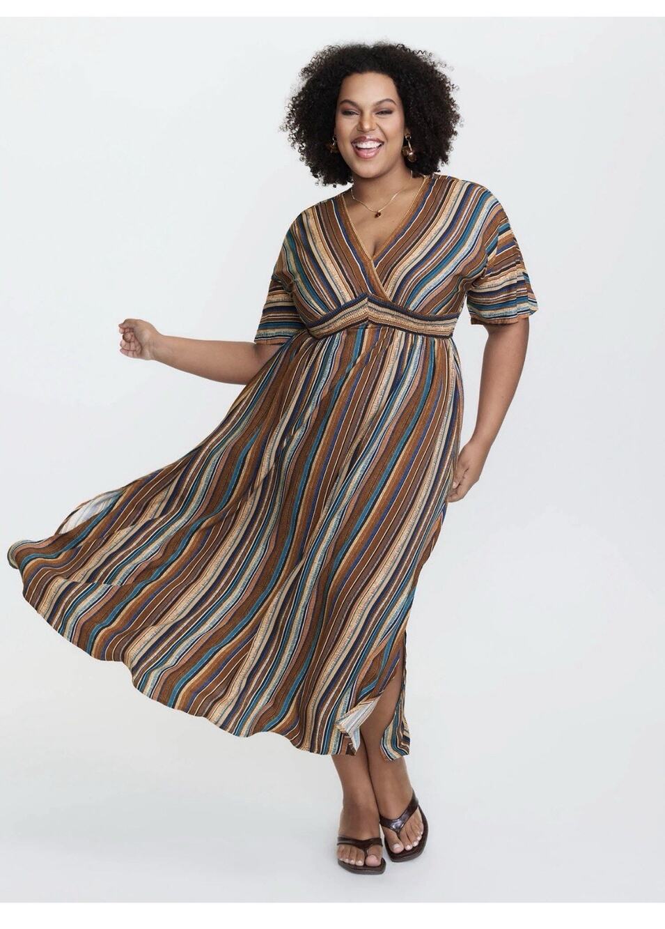 NWT Striped Contrast Dolman Sleeve Shirred Pocket Split Flutter Dress Size 18/20